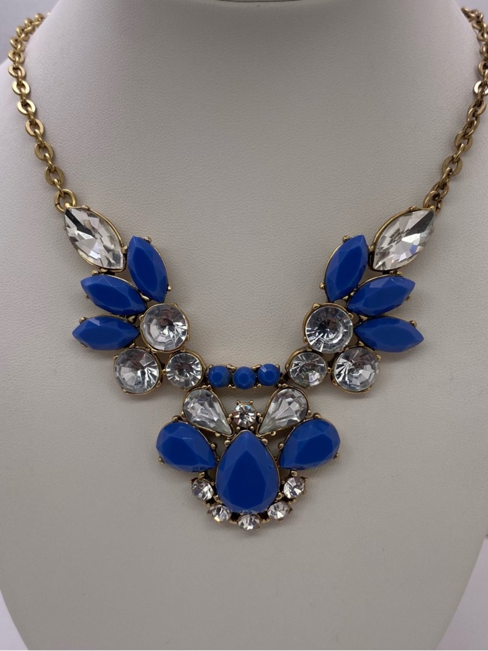 J. Crew Necklace Gold-Tone Blue with Clear Crystals Statement Necklace
